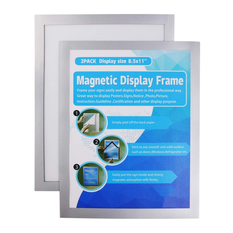 MFoffice Window Sign Holder 8.5x11'' - Plastic Picture Frames - Double Sided and Adhesive for Wall/Door/Refrigerator/Cupboard Display Frame,Silver,Pack of 2 - Image 1